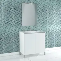 Offre Du Jour Pack Meuble Salle de Bains 80cm Blanc 2 Portes, Vasque, Miroir 60x80 et réglette Led - XENOS