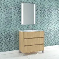 Certifié Pack Meuble Salle de Bains 80cm Chêne Clair 3 Tiroirs, Vasque, Miroir 60x80 à Leds intégrées - XENOS