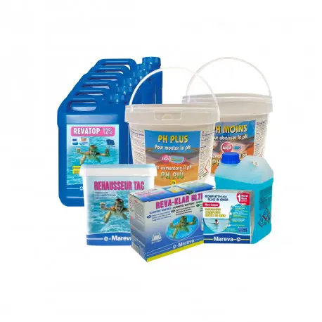 Pack MAREVA Kit Rev-Aqua 60 à 90 m3 - lot de 6 Algicide Ravatop 12 % - Réhausseur de TAC - Cartouches clarifiantes Reva-klar - Stabilisateur de pH Jusqu'à Épuisement Des Stocks