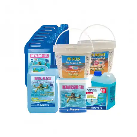 Haute Qualité Pack MAREVA Kit Rev-Aqua 60 à 90 m3 - lot de 6 Algicide Ravatop 12 % - Réhausseur de TAC - Clarifiant liquide 5 L - Stabilisateur de pH